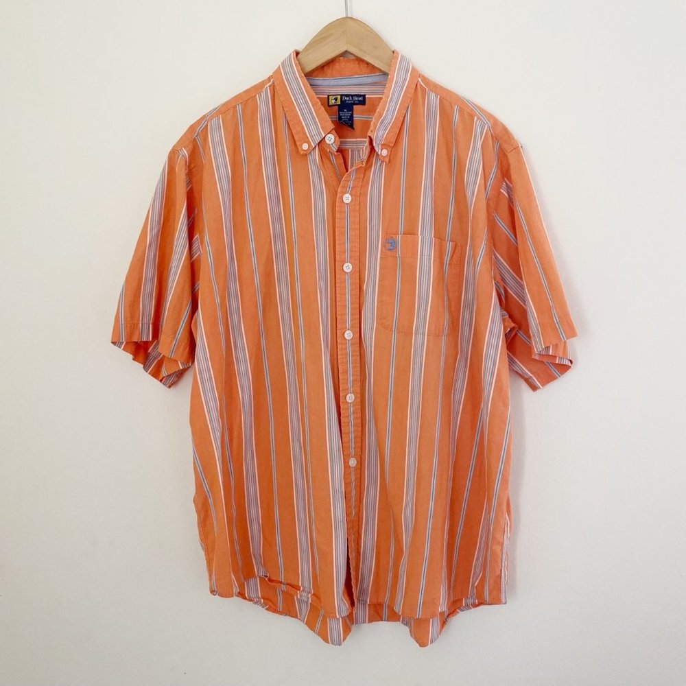 Duck Head Vintage 90s Orange Striped Short Sleeve Casual Button Down Shirt, XL